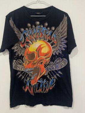 Vintage Y2K Christian Audigier Angel Wing Skull T-shirt Rhinestone Size L 2000s